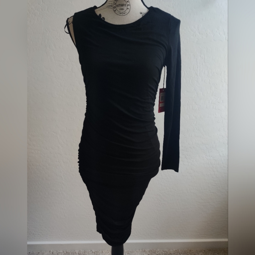🆕 Vince Camuto Black one shoulder ruched midi cocktail bodycon party dress (XS)